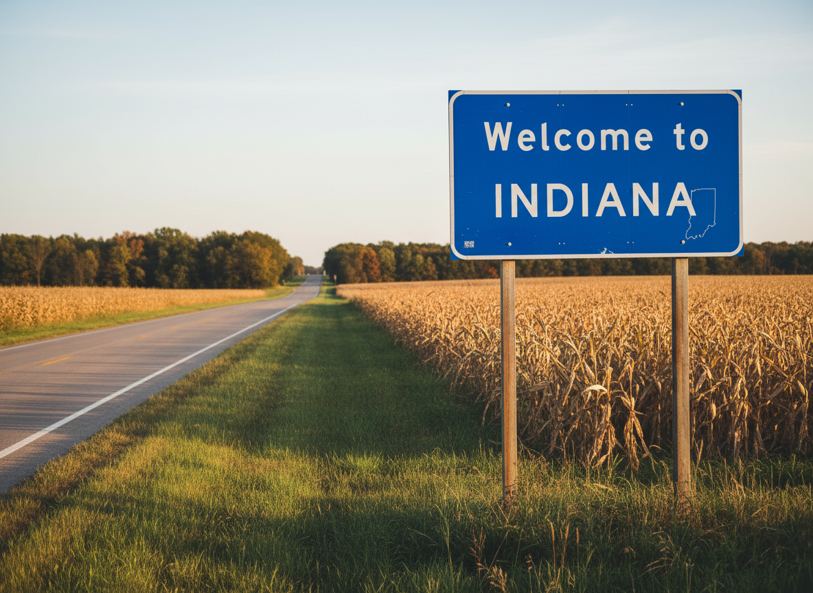 A meticulously detailed state highway welcome sign for Indiana, its reflective blue surface crisply displaying “Welcome to Indiana” above a subtle outline of the state silhouette, stands beside a two-lane country road. Early autumn cornfields stretch into the distance, their dry golden stalks contrasting with patches of vivid green grass along the shoulder. Soft late-afternoon sunlight bathes the scene, casting long, gentle shadows across the asphalt and creating a warm, inviting glow on the sign’s metal posts. Captured in photographic realism from a slightly low, three-quarter angle, the sign dominates the foreground while the receding road leads the viewer’s eye toward a hazy, tree-lined horizon. The mood is optimistic and quietly adventurous, suggesting the beginning of a thoughtful Indiana road trip.