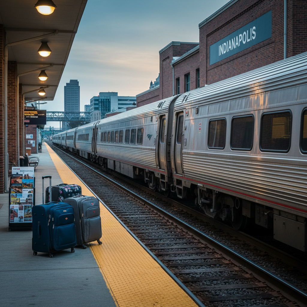 A gleaming silver Amtrak train, its polished stainless-steel cars reflecting the muted colors of early morning, sits at a modest brick station platform labeled “Indianapolis” in clean black letters. Freshly painted yellow safety lines frame the edge of the platform, while a few scattered rolling suitcases and a neatly stacked pile of travel brochures hint at motion without showing people. Cool blue pre-dawn light blends with the warm amber glow of platform lamps, creating subtle reflections along the train’s sides. Captured from a slightly elevated perspective in photographic realism, the leading lines of the tracks and train cars pull the eye toward the distant skyline silhouette. The mood is professional, purposeful, and calm, suggesting efficient rail travel for exploring Indiana.