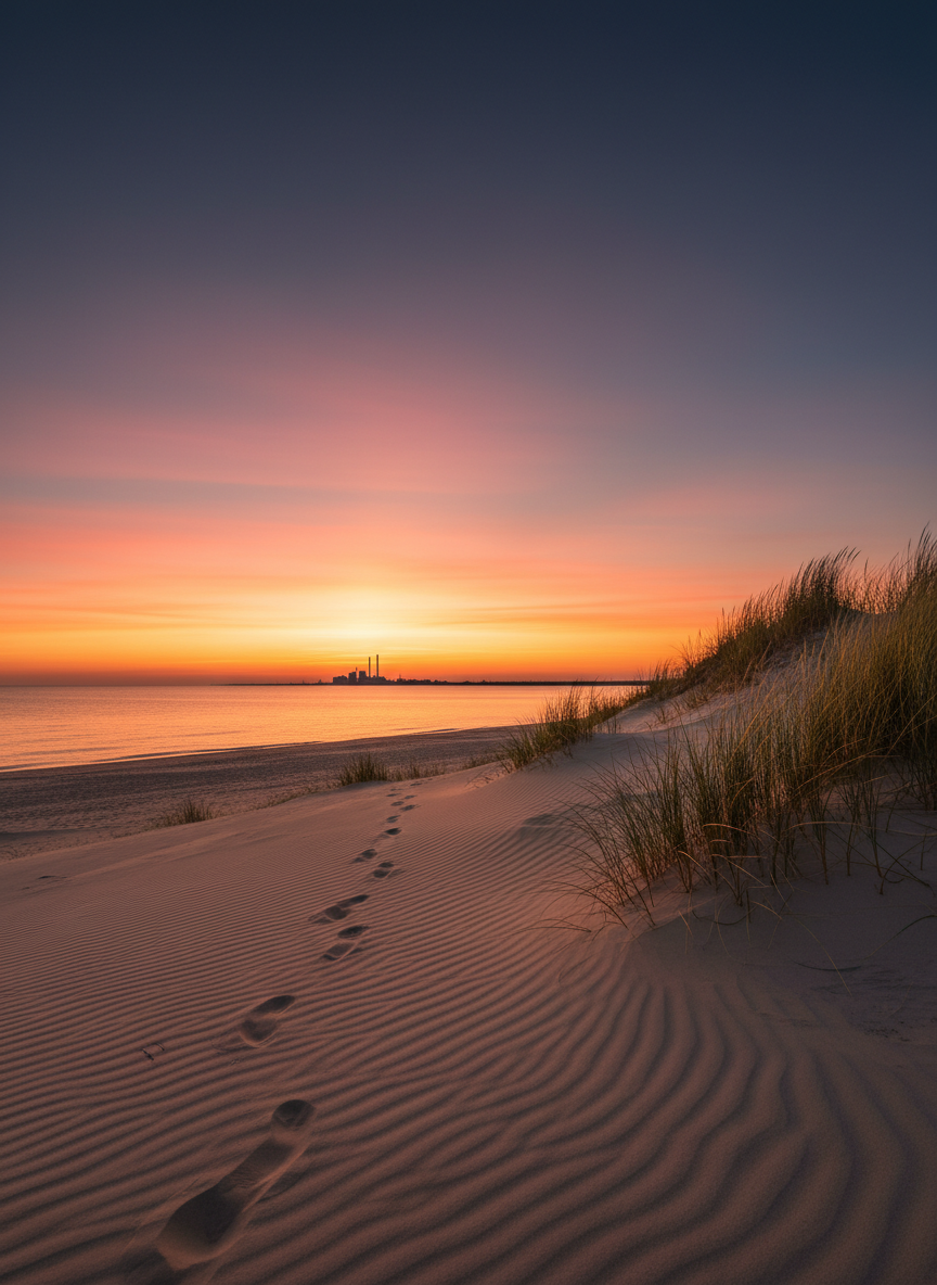 A panoramic sunset view of the Indiana Dunes shoreline shows smooth, wind-ridged sand in the foreground leading to the calm, glassy surface of Lake Michigan. A prominent dune crest on the right side of the frame is dotted with resilient dune grass, its slender blades catching the last golden light. Far in the distance, the faint industrial skyline of northwest Indiana appears as a soft silhouette on the horizon, adding subtle context without dominating the scene. The sky glows with layered hues of orange, pink, and deepening blue, reflected gently in the water. Captured in photographic realism from a low, wide-angle perspective, footprints in the sand create a natural leading line toward the lake. The mood is serene, reflective, and slightly contemplative, emphasizing Indiana’s surprising coastal landscape.