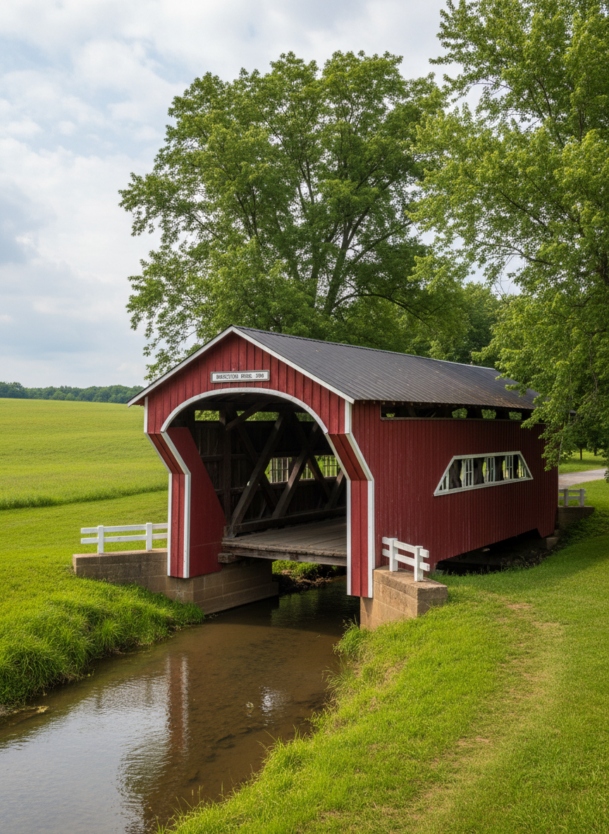 An impeccably preserved red covered bridge spans a narrow, tree-lined creek in rural Parke County, Indiana. The bridge’s painted wooden trusses, crisp white trim, and black metal roof contrast beautifully with the lush green pasture and mature maples surrounding it. A small, clearly legible sign with the bridge’s name and year of construction hangs above the entrance. Late-morning sunlight filters through scattered clouds, creating a soft, even illumination that highlights the texture of aged wood and the gentle ripples in the creek below. Captured in photographic realism from a three-quarter side angle, the composition uses the creek as a diagonal leading line under the bridge. The atmosphere is nostalgic, calm, and quietly historic, ideal for illustrating a professional guide to Indiana’s backroads and bridges.