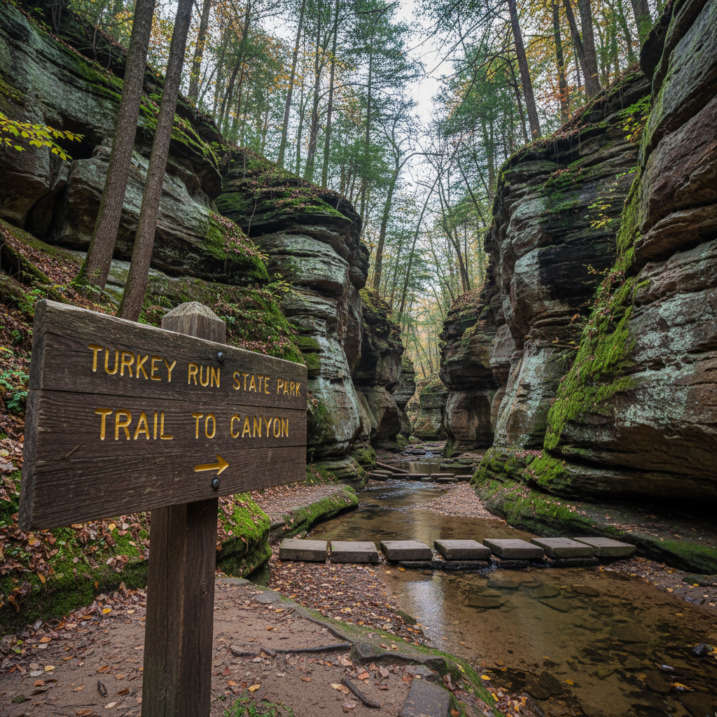 A pristine wooden trailhead sign for Turkey Run State Park, its carved lettering painted a deep, weathered yellow against rich brown planks, anchors the entrance to a narrow sandstone canyon. Around it, towering rock walls streaked with moss and mineral deposits rise dramatically, while a shallow creek winds between flat stepping stones. Diffused overcast light filters through dense Indiana hardwood forest above, softening contrasts and emphasizing moisture on rocks and fallen leaves. Shot at eye level in sharp photographic realism, the composition places the sign on the left third of the frame with the canyon drawing into the distance. The atmosphere is quietly adventurous and slightly mysterious, inviting exploration of Indiana’s rugged side without any human presence.