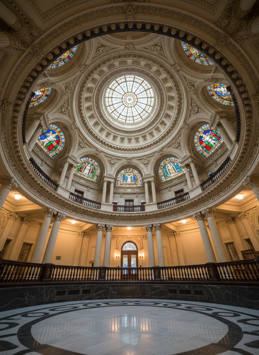 A dramatic interior view of an ornate Indiana county courthouse dome reveals intricate plasterwork, stained glass panels, and a sweeping circular balcony with polished wooden railings. The camera looks straight up from the marble floor, capturing concentric rings of architectural detail radiating toward a central stained-glass skylight that casts jewel-toned light across the ceiling. Warm, indirect artificial lighting accentuates carved moldings and decorative columns, creating soft shadows that emphasize depth and craftsmanship. Everything is rendered in crisp photographic realism, with the symmetrical composition centered precisely on the dome’s apex. The mood is dignified, historic, and quietly grand, perfectly suited for a professional travel blog exploring Indiana’s lesser-known architectural gems, while avoiding any human figures in the space.