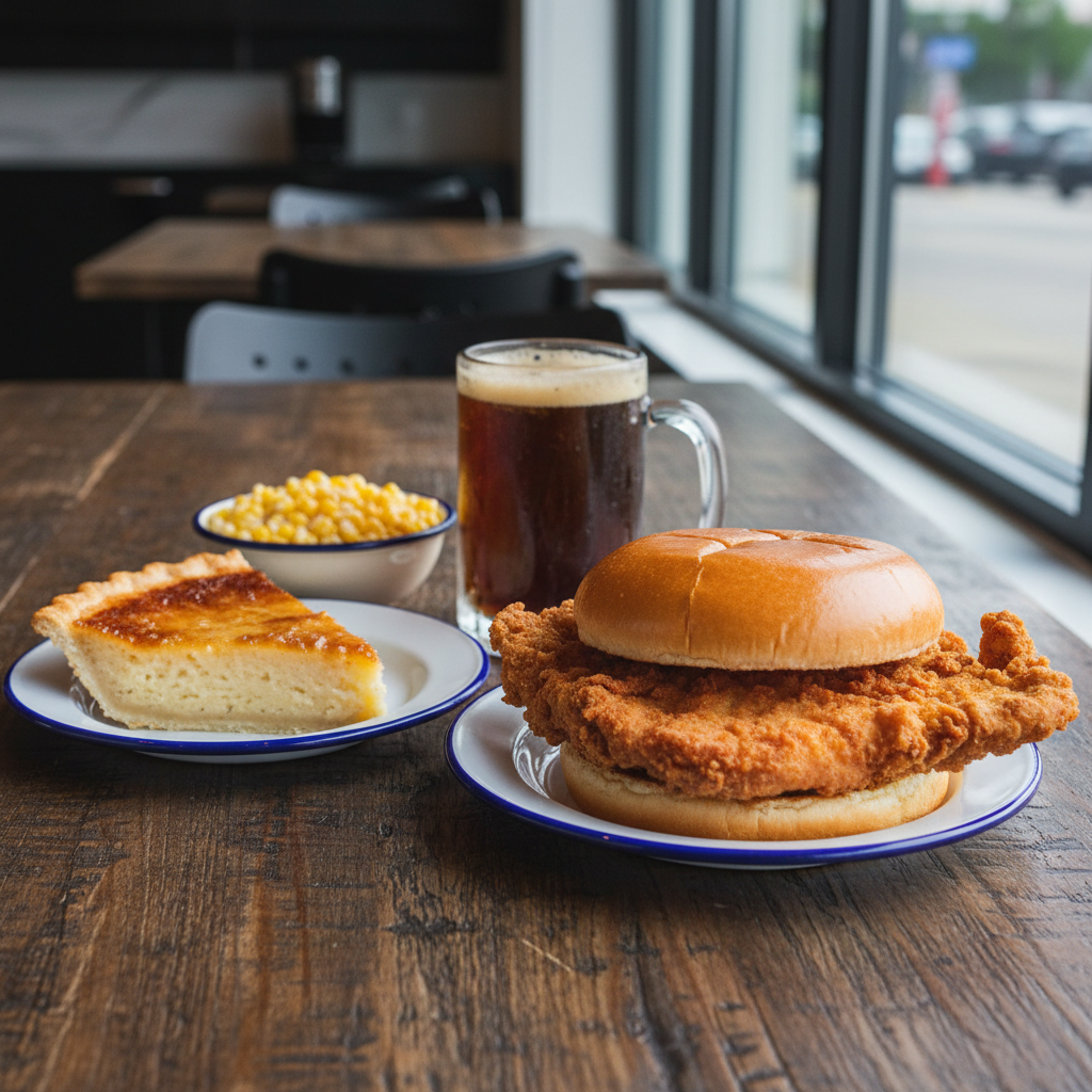 A meticulously arranged tabletop spread of classic Indiana regional foods sits on a dark, reclaimed-wood table inside a bright, modern dining room. A perfectly breaded, oversized pork tenderloin sandwich on a soft bun rests on an enamel plate, beside a slice of sugar cream pie with its glossy, caramelized top and flaky crust. In the background, a frosty glass of locally brewed root beer and a small bowl of golden sweet corn kernels add color. Soft window light from the right creates delicate highlights on the crunchy breading and subtle shadows beneath plates. Shot in photographic realism from a slightly overhead angle with shallow depth of field, the sandwich and pie are in crisp focus while the background softly blurs. The atmosphere is warm, authentic, and appetizing, ideal for a professional Indiana food travel guide.